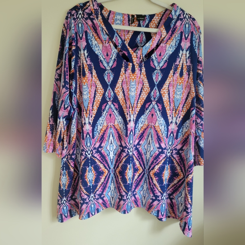 New Directions Blue Pink Graphic Polo Blouse